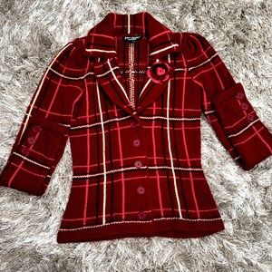 Betsey Johnson, vintage burgundy, plaid button down sweater. Woman’s size small